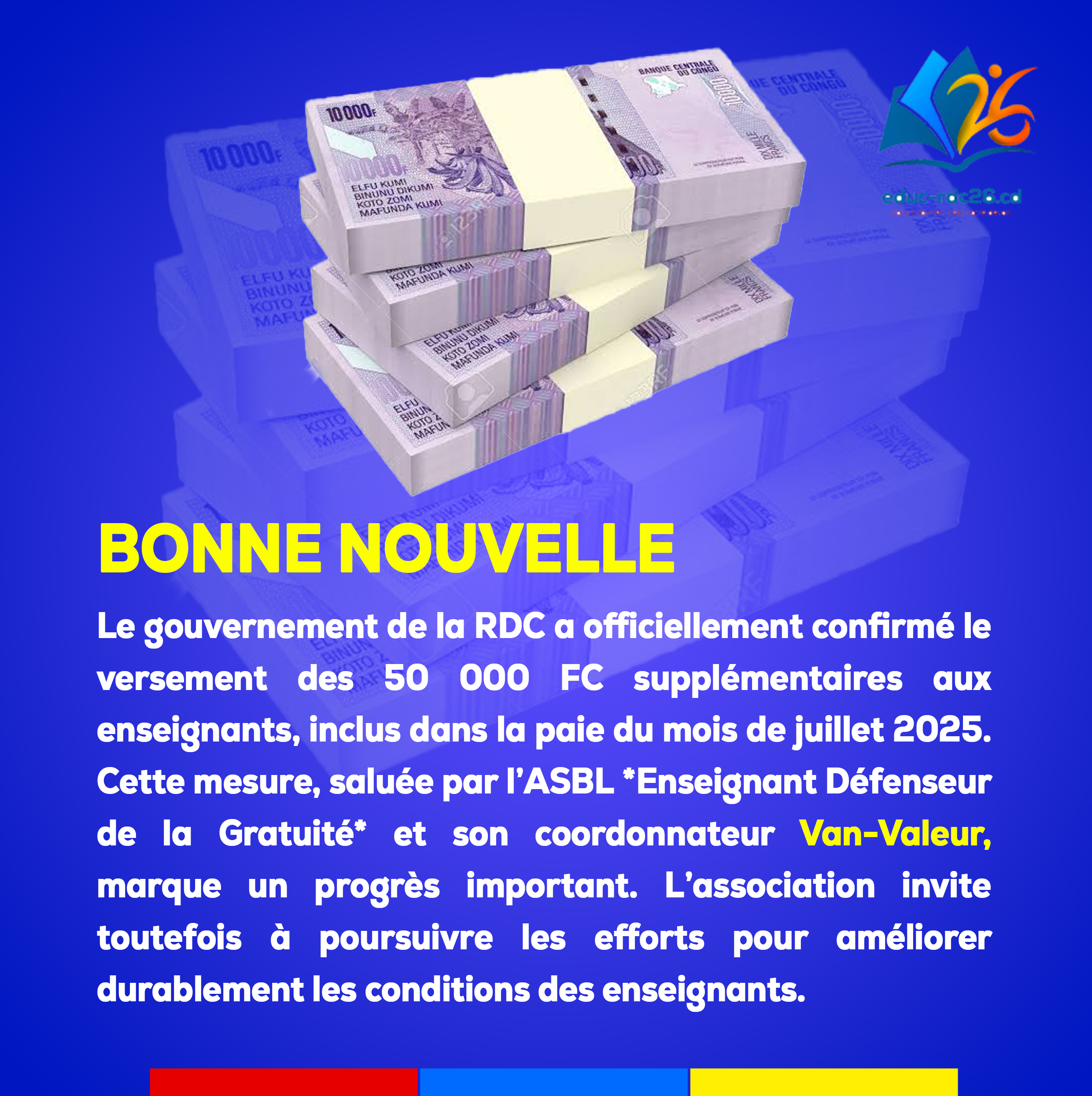 Versement confirmé de 50 000 FC supplémentaires : Un souffle d’espoir pour les enseignants