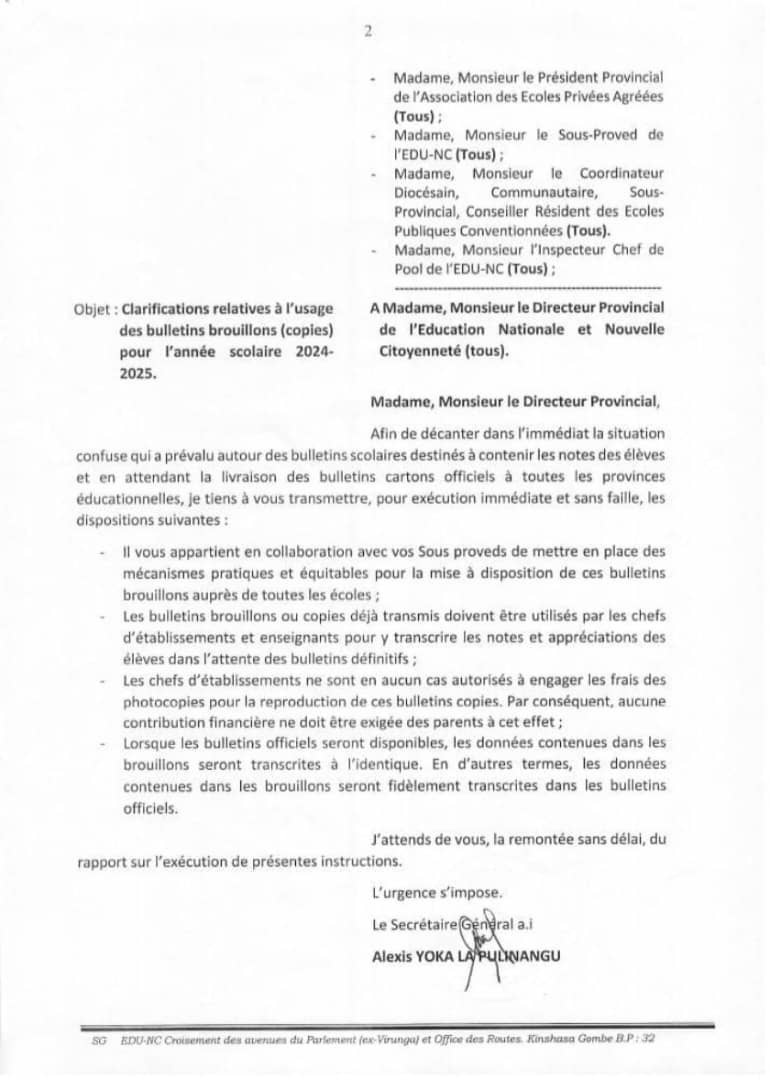 Bulletins scolaires 2024-2025 : Le Secrétariat Général rassure sur l’utilisation des copies provisoires